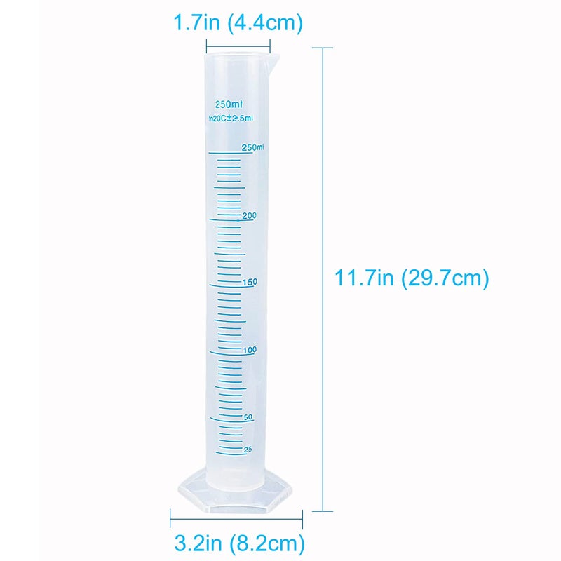 GRRONZEE 6Pack Plastic Graduated Cylinder 250 ml Transparent Measuring Cylinder Set, Science Measuring Test Tube Flask, Graduated Cylinder Beaker with 2-Sided Marking & Pour Spout for Home and School Science - Image 2